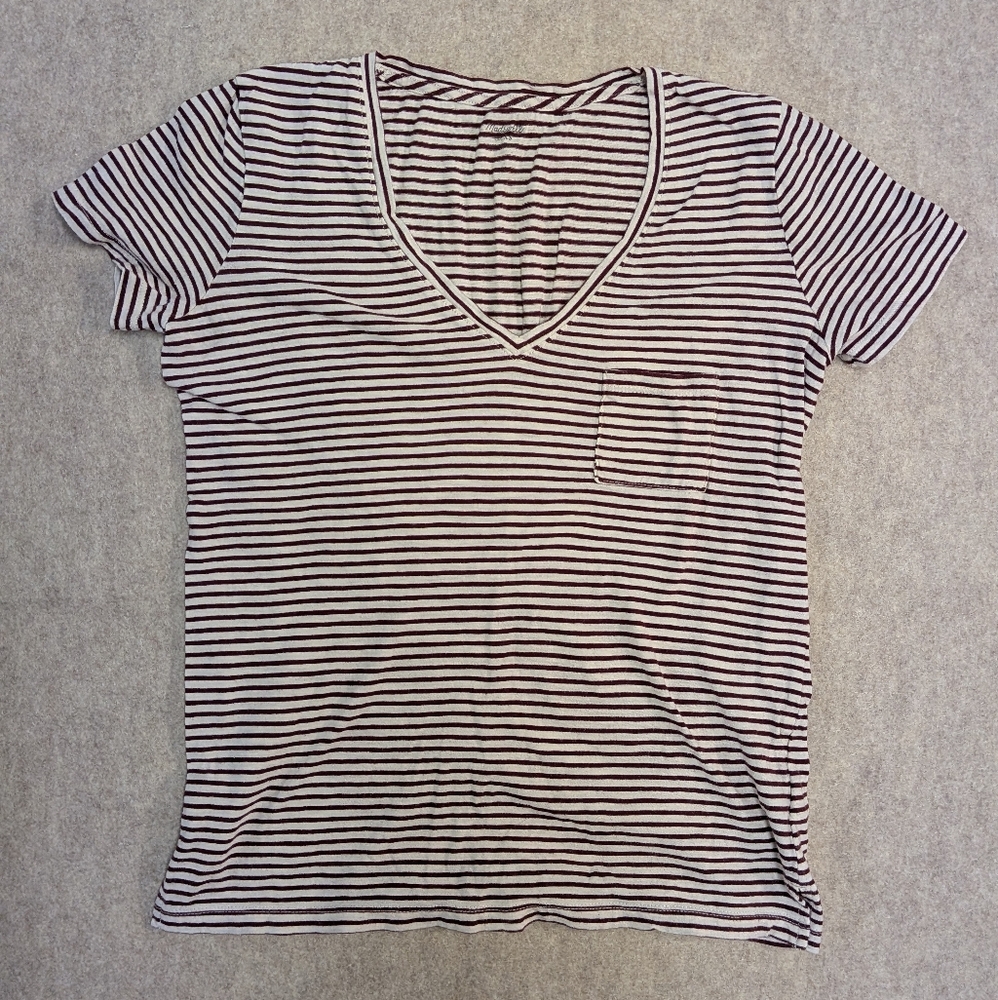 Madewell Casual Burgundy White Striped V-Neck Tee Sz Small
